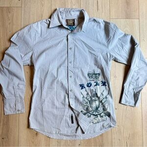 ROAR Integrity Shirt Mens Large Gray Embroidered Button Down Y2K Long Sleeve